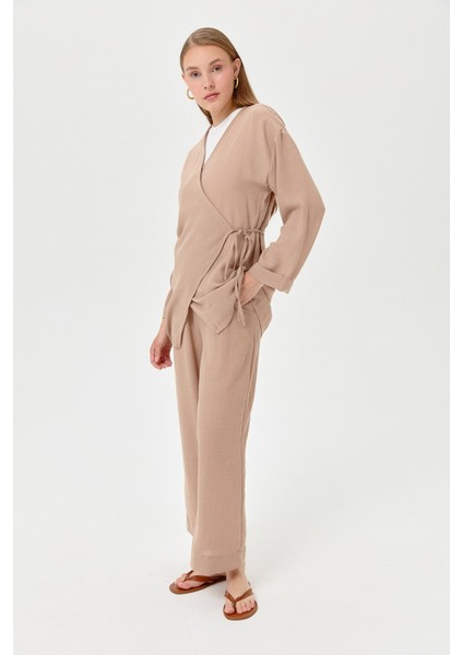 Keten Kruvaze Kimono Pantolon Takım Vizon fırsatları