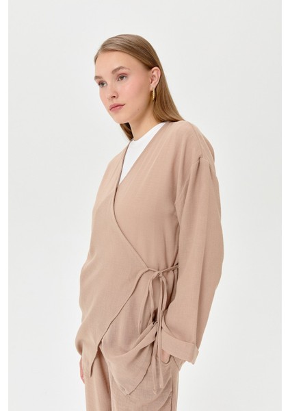 Keten Kruvaze Kimono Pantolon Takım Vizon indirimleri