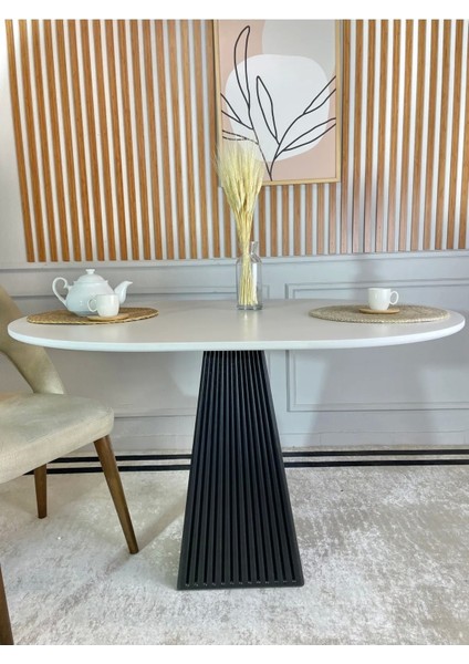 120 x 90 cm Oval Siyah Fitilli Ahşap Yemek Masası - Fungi Serisi - Balkon ve Kafe Masası