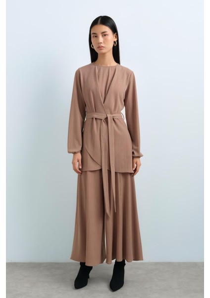 Kuşaklı Pantolon Tunik Takım Camel