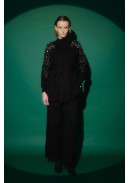 Kolları Leopar Payetli Fitilii Triko Pantolon Tunik Takım Siyah