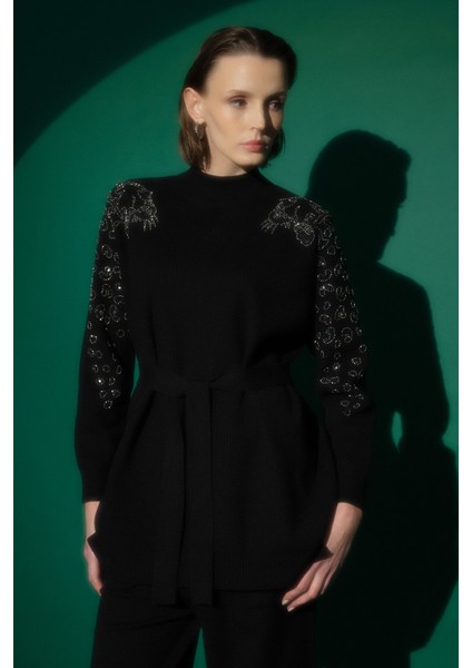 Kolları Leopar Payetli Fitilii Triko Pantolon Tunik Takım Siyah fiyatları