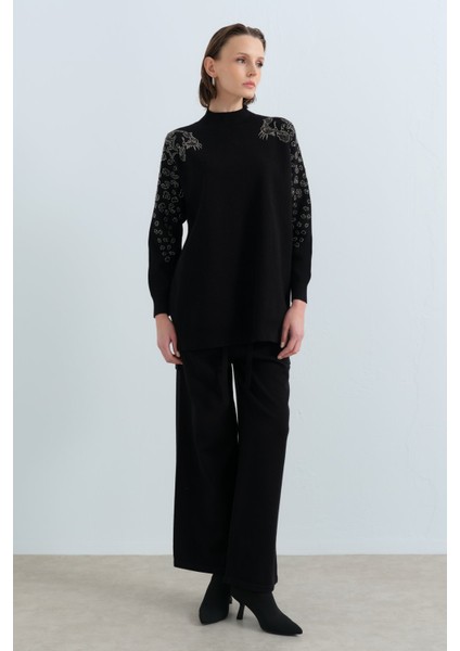 Kolları Leopar Payetli Fitilii Triko Pantolon Tunik Takım Siyah modelleri