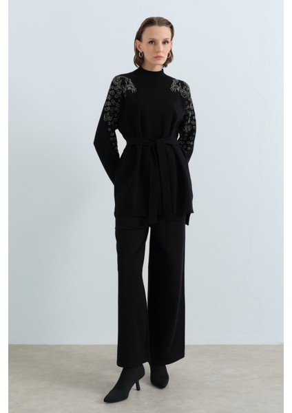 Kolları Leopar Payetli Fitilii Triko Pantolon Tunik Takım Siyah indirimleri