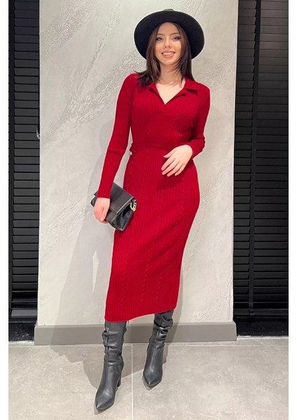 Kadın Polo Yaka Bel Bağlamalı Uzun Triko Elbise fiyatları