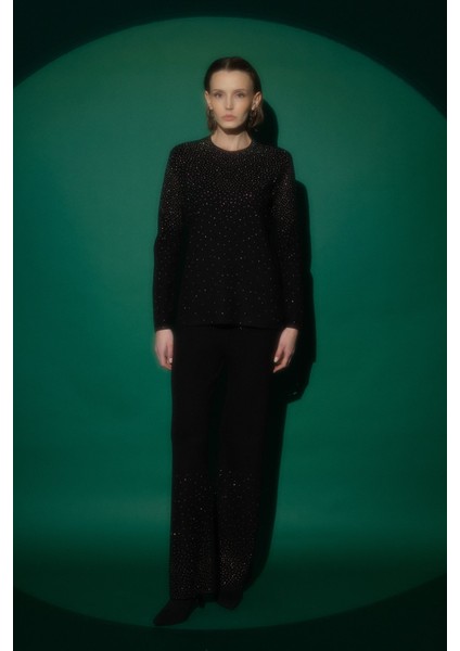 Parlak Taş Baskılı Triko Pantolon Tunik Takım Siyah