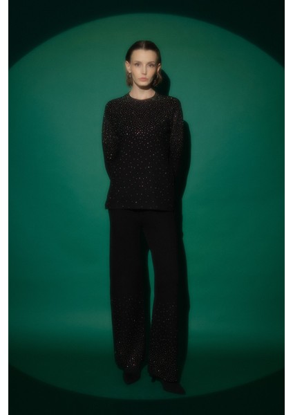 Parlak Taş Baskılı Triko Pantolon Tunik Takım Siyah fiyatları