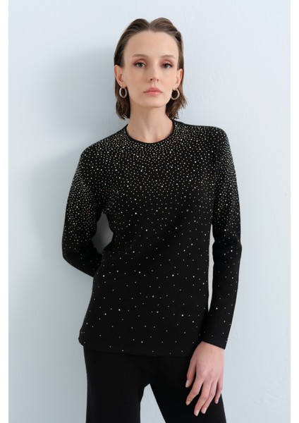 Parlak Taş Baskılı Triko Pantolon Tunik Takım Siyah fırsatları