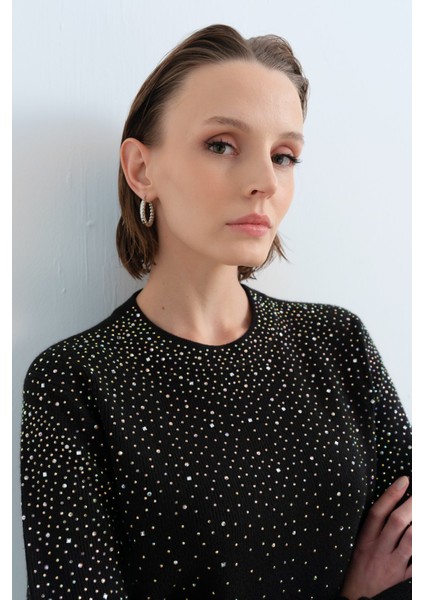 Parlak Taş Baskılı Triko Pantolon Tunik Takım Siyah indirimleri