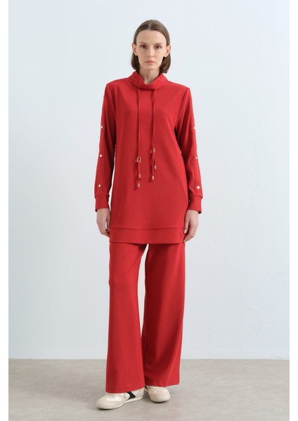 Çakma Detaylı Örme Pantolon Tunik Takım Kiremit