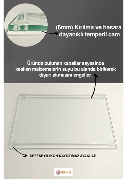 Şeffaf Saydam Kanallı Cam Kesme Tahtası | Cam Kesme Tablası 2 Kanallı | 25CM x 35CM