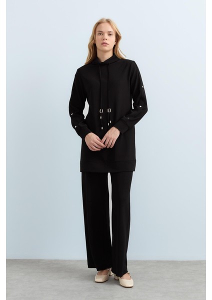 Çakma Detaylı Örme Pantolon Tunik Takım Siyah