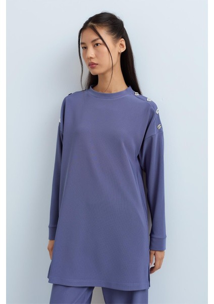 Omuzları Çıt Çıt Detaylı Pantolon Tunik Takım Indigo