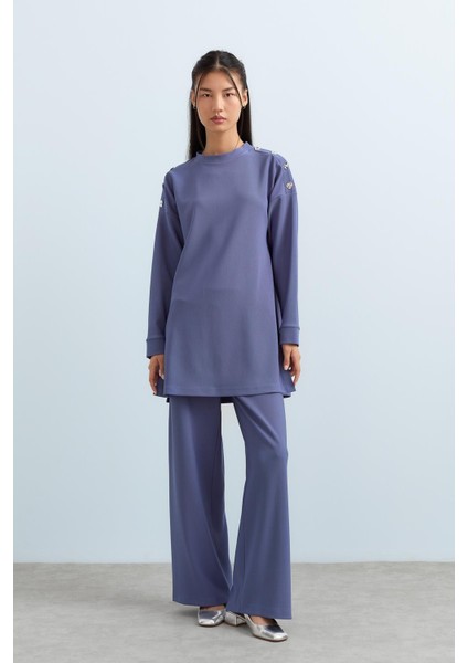 Omuzları Çıt Çıt Detaylı Pantolon Tunik Takım Indigo fiyatları