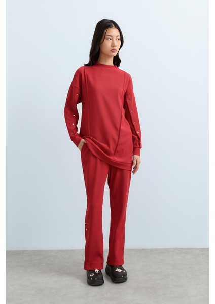 Çıt Çıt Detaylı Örme Pantolon Tunik Takım Kiremit