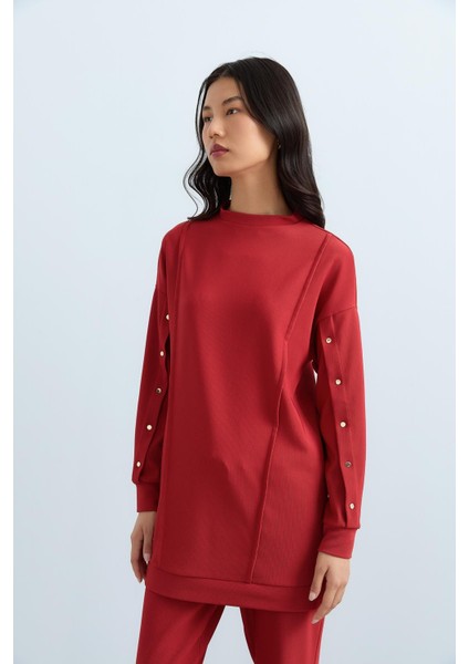 Çıt Çıt Detaylı Örme Pantolon Tunik Takım Kiremit modelleri