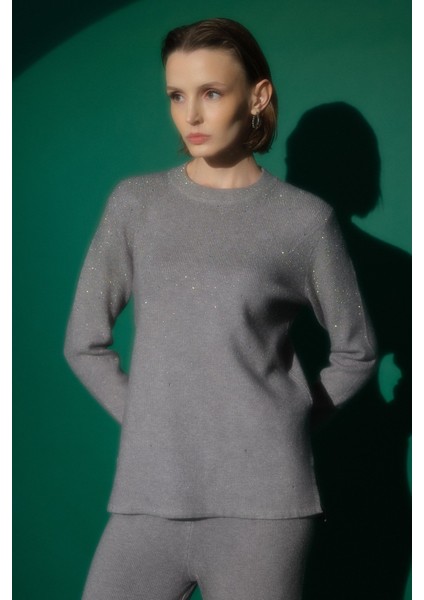 Parlak Taş Baskılı Triko Pantolon Tunik Takım Gri fiyatları