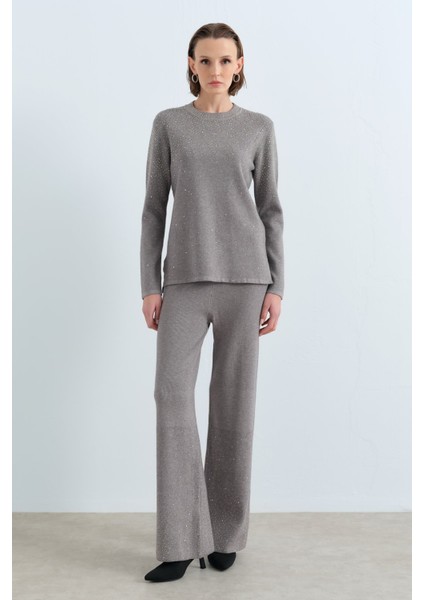 Parlak Taş Baskılı Triko Pantolon Tunik Takım Gri modelleri