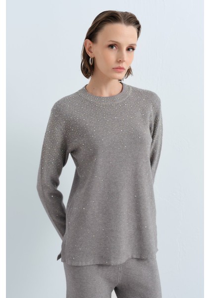 Parlak Taş Baskılı Triko Pantolon Tunik Takım Gri fırsatları