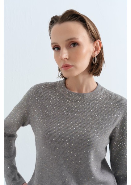 Parlak Taş Baskılı Triko Pantolon Tunik Takım Gri indirimleri