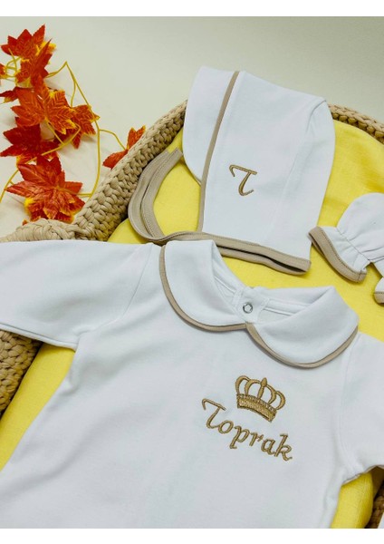 Isimli Tulum Şapka Eldiven Takımı Pamuk Hastane Çıkışı Nakış Işlemeli
