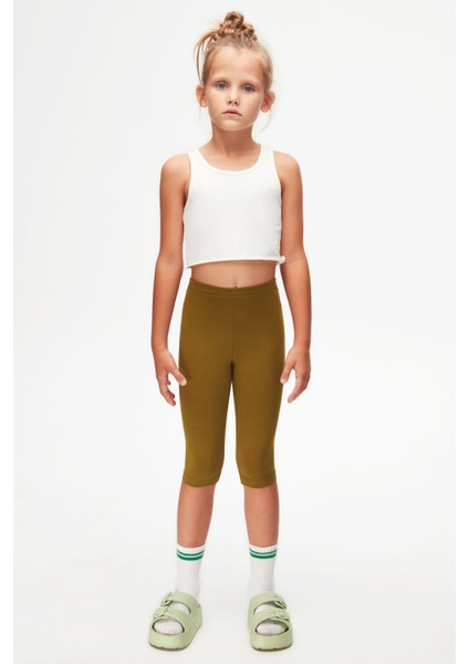 Zeytin Yeşili Basic Kız Çocuk Diz Altı Tayt Kapri