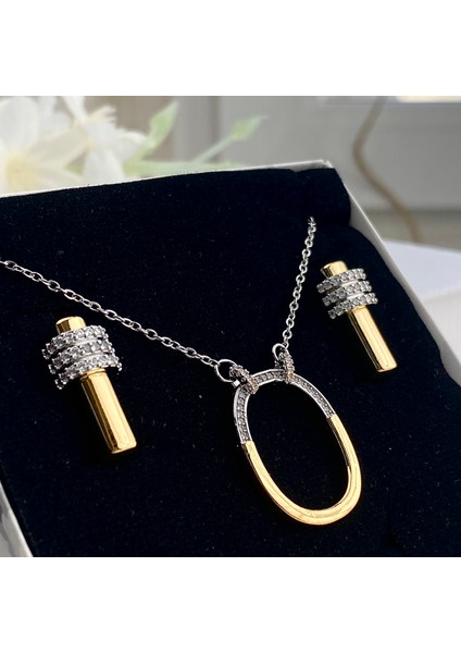Halka Kolye Küpe Seti Çift Renk Zirkon Taşlı Kadın Kolye Küpe Set 45CM