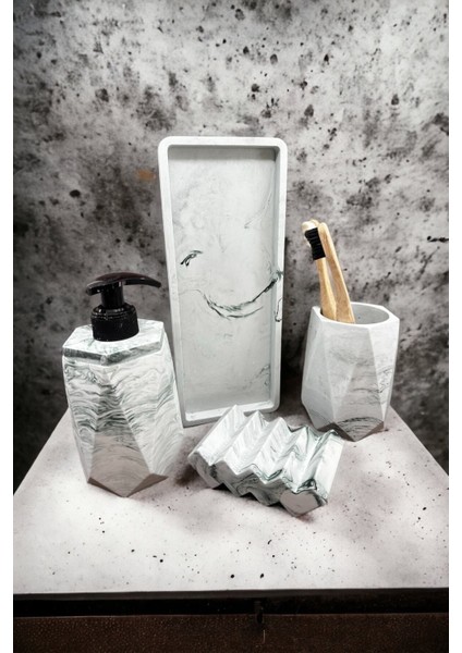 4 Parça Mermer Desenli Beton Banyo Seti Katı Sıvı Sabunluk Diş Fırçalık Tepsi