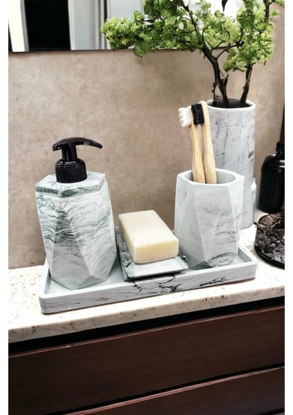 4 Parça Mermer Desenli Beton Banyo Seti Katı Sıvı Sabunluk Diş Fırçalık Tepsi modelleri