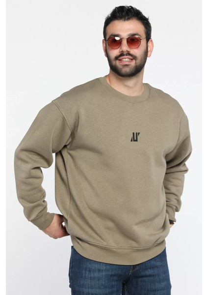 Erkek Bisiklet Yaka Baskılı Şardonlu Sweatshırt