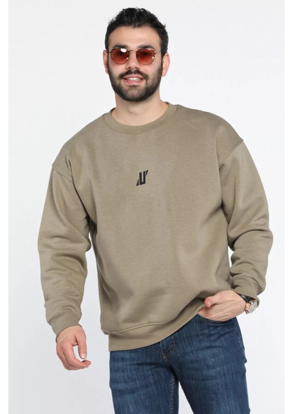 Erkek Bisiklet Yaka Baskılı Şardonlu Sweatshırt