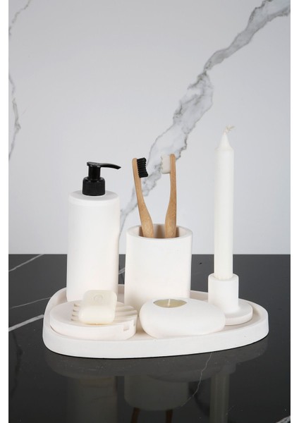 6 Parça Mermer Desenli Beton Banyo Seti Katı ve Sıvı Sabunluk Mumluk Tütsülük Diş Fırçalığı