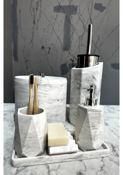 8 Parça Mermer Desenli Beton Banyo Seti Katı Sıvı Sabunluk Diş Fırçalık Çöp Kovası Tuvalet Fırçalığı