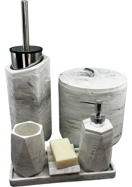 8 Parça Mermer Desenli Beton Banyo Seti Katı Sıvı Sabunluk Diş Fırçalık Çöp Kovası Tuvalet Fırçalığı fiyatları