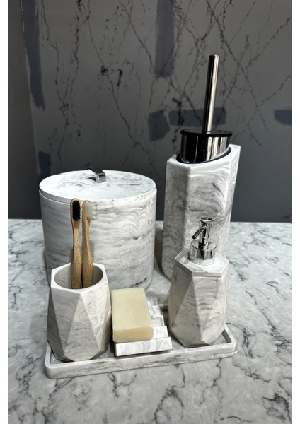 8 Parça Mermer Desenli Beton Banyo Seti Katı Sıvı Sabunluk Diş Fırçalık Çöp Kovası Tuvalet Fırçalığı modelleri