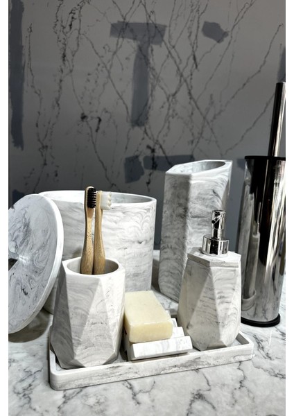 8 Parça Mermer Desenli Beton Banyo Seti Katı Sıvı Sabunluk Diş Fırçalık Çöp Kovası Tuvalet Fırçalığı fırsatları