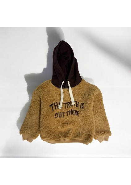Kahverengi Sloganlı Unisex Çocuk Kapüşonlu Polar Peluş Altüst Taytlı Takım modelleri