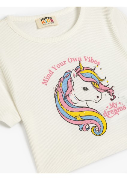 Pamuklu Bisiklet Yaka Kısa Kollu Unicorn Baskılı Crop Tişört