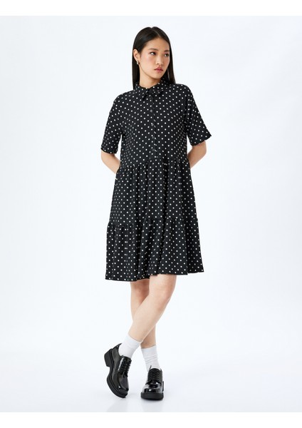 Kısa Kollu Klasik Yaka Düğmeli Puantiyeli Mini Elbise