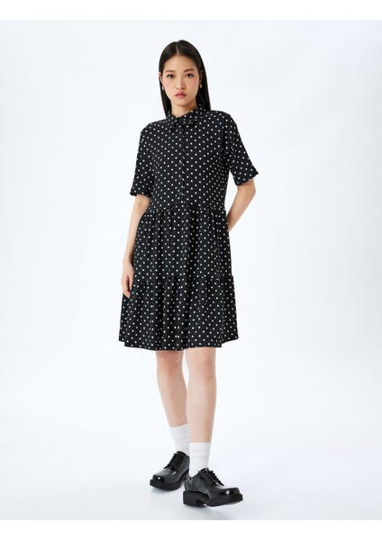 Kısa Kollu Klasik Yaka Düğmeli Puantiyeli Mini Elbise modelleri