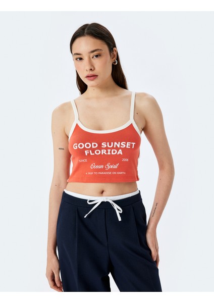 Biyeli Askılı Slogan Baskılı Crop Atlet