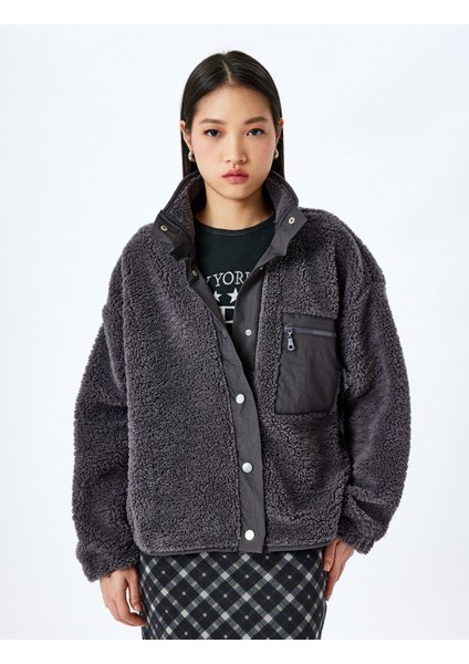 Cep Detaylı Fermuarlı Dik Yaka Oversize Peluş Sweatshirt modelleri