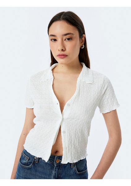 Düğmeli Gömlek Yaka Dokulu Kısa Kollu Bluz fiyatları