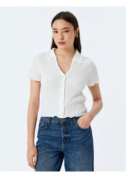 Düğmeli Gömlek Yaka Dokulu Kısa Kollu Bluz modelleri