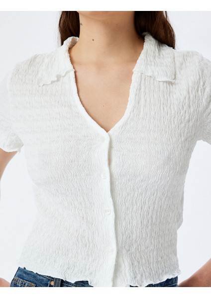 Düğmeli Gömlek Yaka Dokulu Kısa Kollu Bluz indirimleri