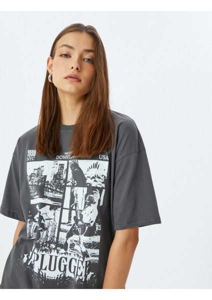 Bisiklet Yaka Slogan Baskılı Oversize Kısa Kollu Pamuklu Tişört