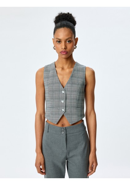 V Yaka Viskon Karışımlı Cepli Slim Fit Ekose Kolsuz Crop Yelek