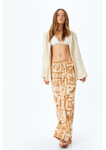 Etnik Desenli Beli Lastikli Bağlamalı Bol Paça Pantolon