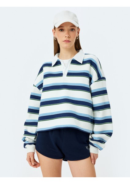 Oversize Polo Yaka Düğmeli Çizgili Sweatshirt