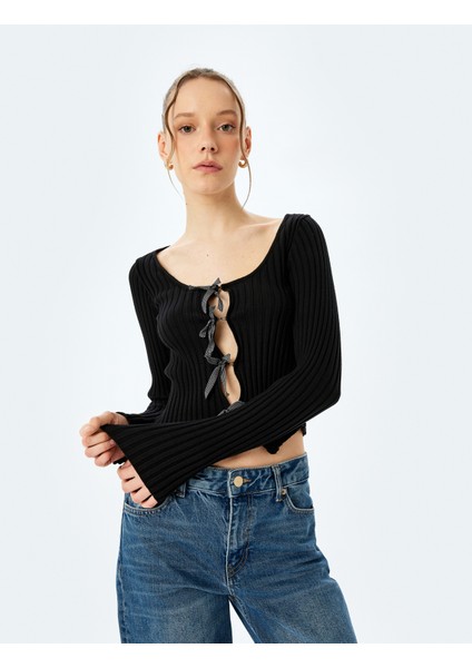 Fiyonklu V Yaka Slim Fit Crop Triko Hırka